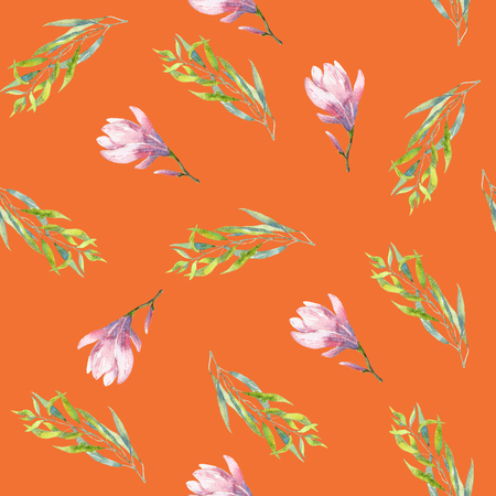 Floral seamless watercolor pattern with leaves, branches and magnoliaの写真素材