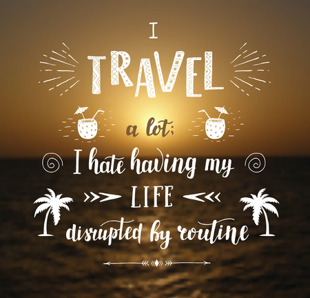 Vector hand drawn travel illustration for poster with hand-lettering quote. Summer landscape with sunset.のイラスト素材
