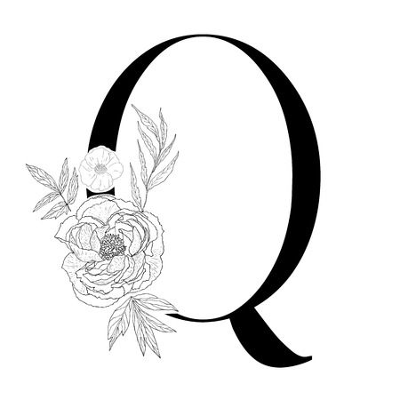 Floral alphabet. Decorative serif letter. Uppercase font.のイラスト素材
