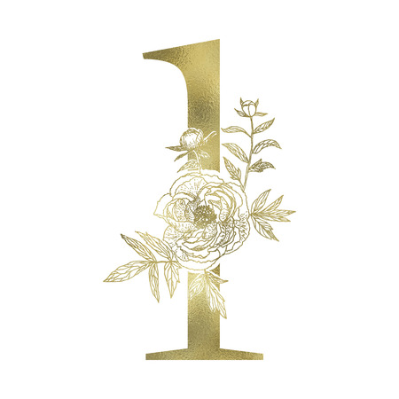 Floral figure. Vintage decorative gold numeral on the white background.のイラスト素材