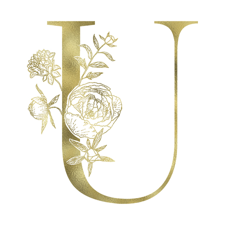 Floral alphabet and gold serif letter. Decorative ABC.の写真素材
