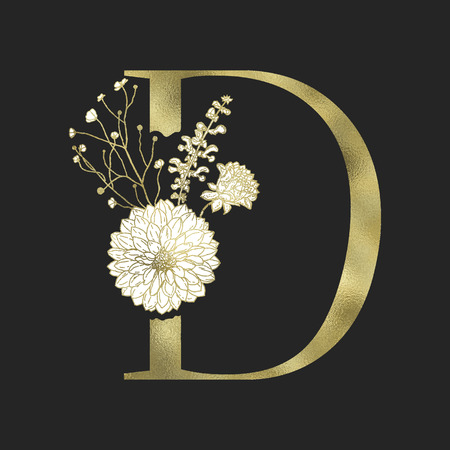 Floral alphabet and gold serif letter. Decorative ABC.のイラスト素材
