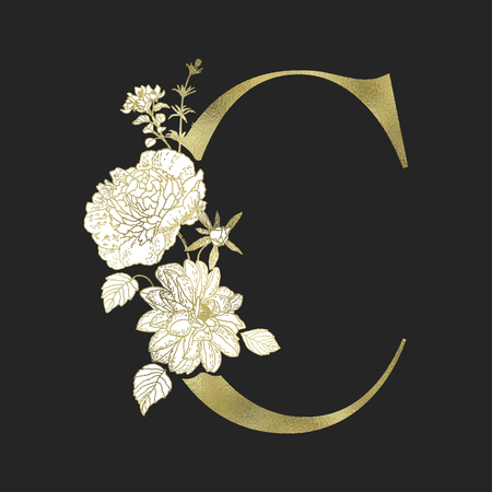 Floral alphabet and gold serif letter. Decorative ABC.のイラスト素材