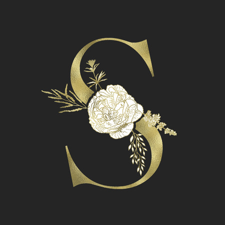 Floral alphabet and gold serif letter. Decorative ABC.のイラスト素材