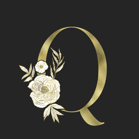 Floral alphabet and gold serif letter. Decorative ABC.のイラスト素材
