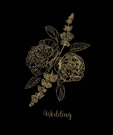 Golden floral composition of peony on black background. Wedding or invitation card cover decorationの写真素材