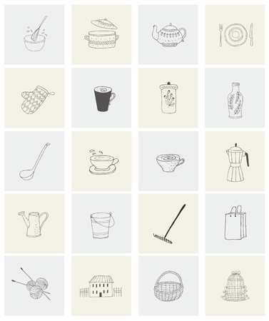 Set with housewares, garden items and house for print Concept collection hand drawn design elements,  icons with personal items.の写真素材
