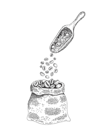 Sack with roasted coffee beans. Sketching style. Vector illustration.のイラスト素材