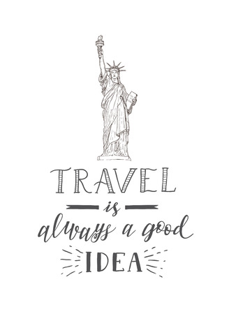 World travel and sights. Tourism banner with hand lettering quote. Hand Drawn Sketch of statue of liberty. Vector illustration.のイラスト素材