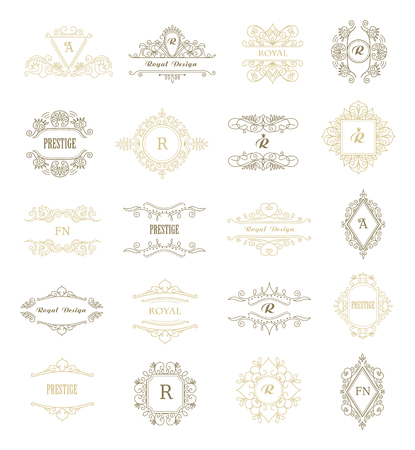 Set of Line Gold Monograms. Vintage Floral Frames for your Logo, Invitation, Wedding Background.の写真素材