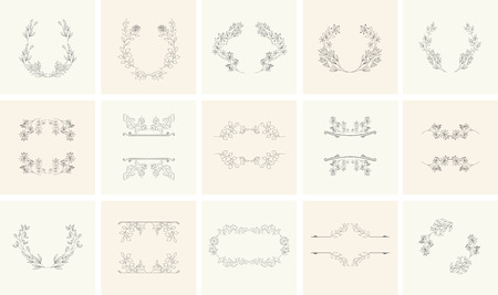 Set of floral frames and wreaths with plant. Flower decoration for greeting card. Vinage border.のイラスト素材