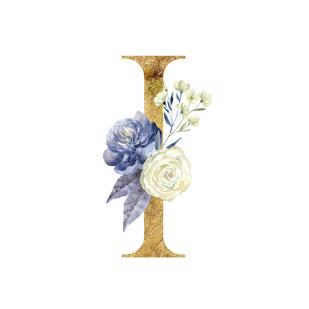 Floral watercolor alphabet. Gold serif letter. Decorative ABC monogram, branding, logo.の写真素材