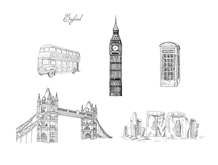 Set of city travel landmarks, tourist attraction in various places of England. Hand Drawn Sketch Vector illustration.の写真素材