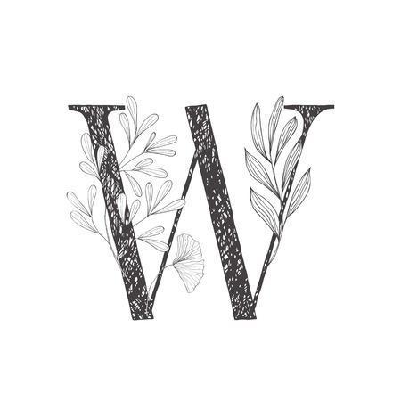 Floral botanical alphabet. Letter with plants and flowers. Line art.のイラスト素材