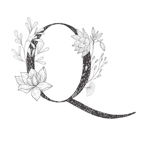 Floral botanical alphabet. Letter with plants and flowers. Line art.のイラスト素材