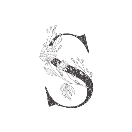 Floral botanical alphabet. Letter with plants and flowers. Line art.のイラスト素材