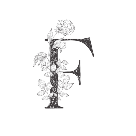 Floral botanical alphabet. Letter with plants and flowers. Line art.のイラスト素材