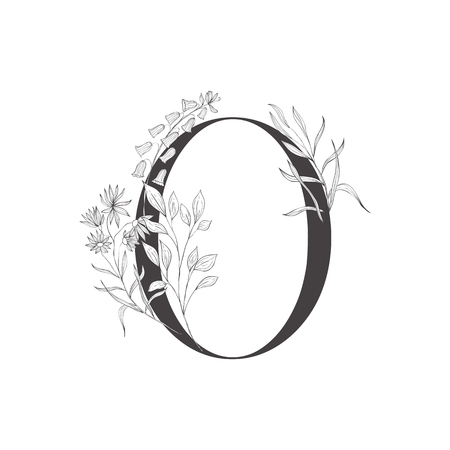 Floral botanical alphabet. Letter with plants and flowers. Line art.のイラスト素材