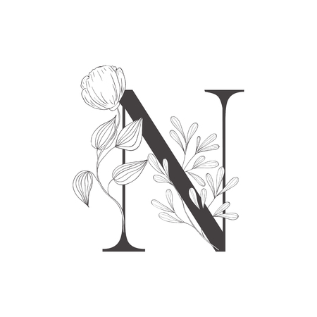 Floral botanical alphabet. Letter with plants and flowers. Line art.のイラスト素材
