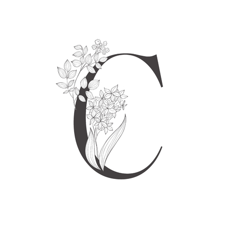Floral botanical alphabet. Letter with plants and flowers. Line art.のイラスト素材