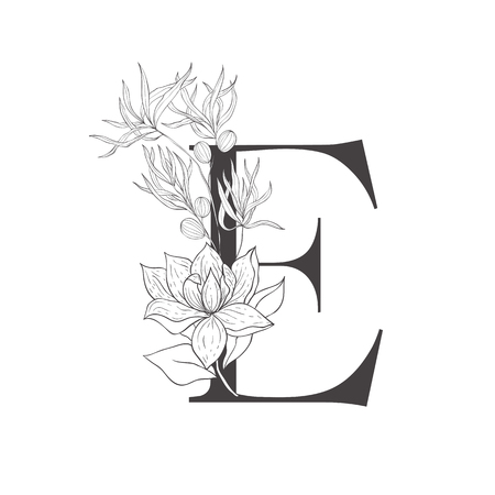 Floral botanical alphabet. Letter with plants and flowers. Line art.のイラスト素材