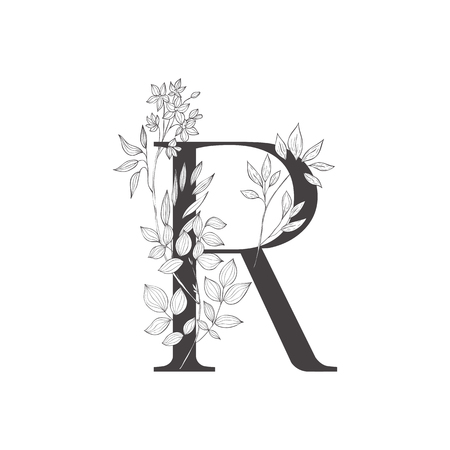 Floral botanical alphabet. Letter with plants and flowers. Line art.のイラスト素材