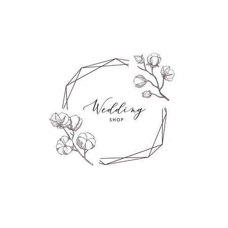 Botanical floral frame with cotton plant. Flower decoration for greeting card. Vintage border.のイラスト素材