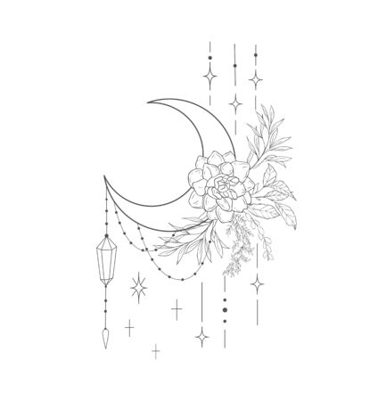 Decorative mystery floral design with Moon and Dahlia. Tattoo or t-shirt print. Magic logo illustration.のイラスト素材
