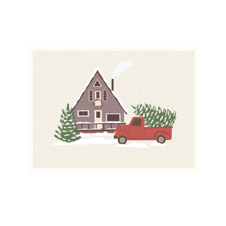 House with Christmas decor and red truck. Winter season. Vector Card.のイラスト素材