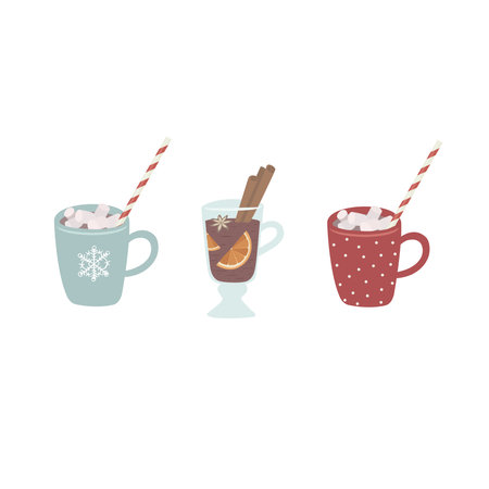 Set of hot drinks with marshmallow and cinnamon. Vector.のイラスト素材