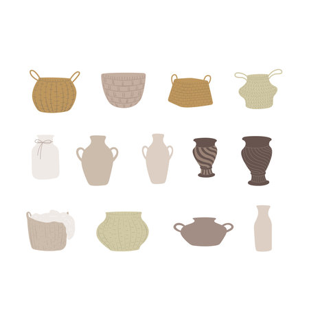 Wicker basket and vase set. Vector illustration.のイラスト素材