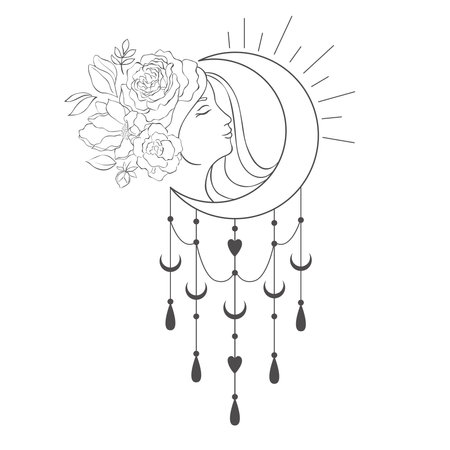 Woman Head with Florals and Moon. Fashion Style. Vector Illustration.のイラスト素材
