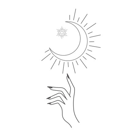 Line Art Moon and Hand on the white Background. Vector Illustration.のイラスト素材
