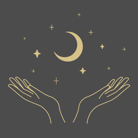 Gold Moon and Hands on the dark Background. Vector Illustration.のイラスト素材