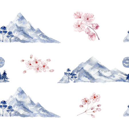 Watercolor Seamless Pattern with Sakura, Cherry Flowers and Mountains on the white Background.の写真素材