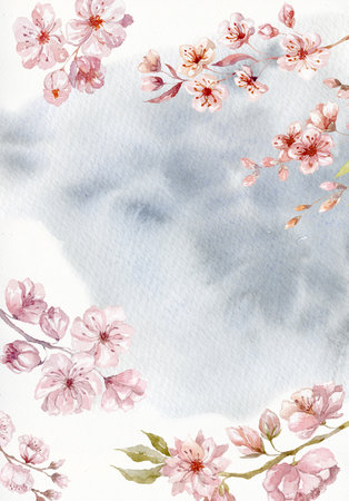 Watercolor Card with Sakura, Cherry Branches. Wedding Design.の写真素材