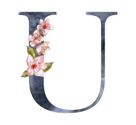 Watercolor Letter with Saura, Cherry Flowers. Monogram for Wedding.の写真素材