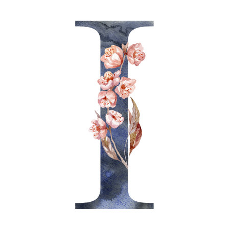 Watercolor Letter with Saura, Cherry Flowers. Monogram for Wedding.の写真素材