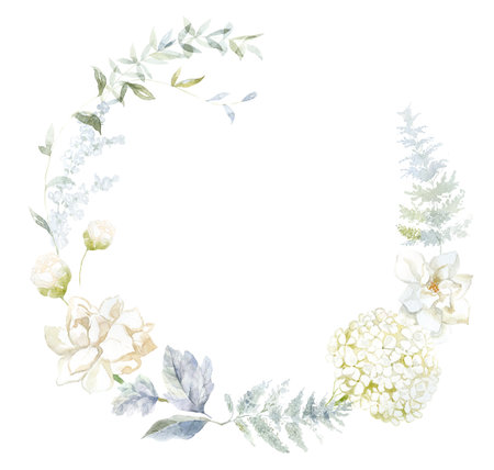 Frame with white Flowers Gardenia and Hydrangea. Watercolor Illustration.の写真素材
