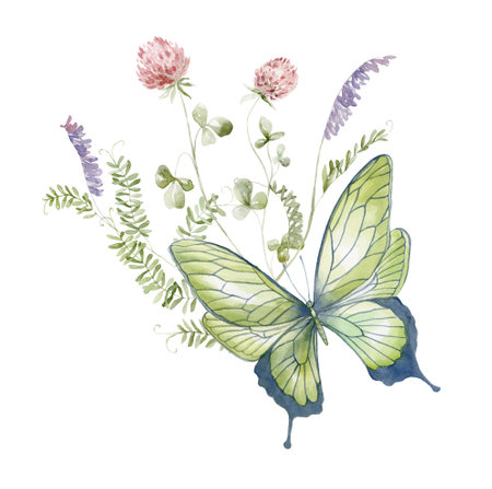 Watercolor Bouquet with Wildflowers and Butterfly. Design for Card on the white Background.の写真素材