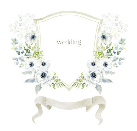 Watercolor Crest with Anemone Flowers on the white Background. Wedding Design.の写真素材