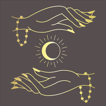 Line Art Design with Witch Hands on the dark Background. Vector Illustration.のイラスト素材