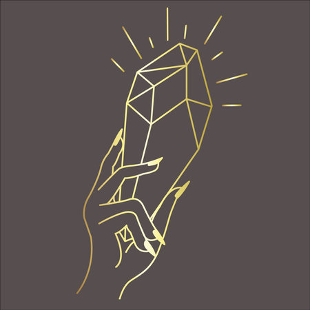 Line Art Design with Hand and Crystal on the dark Background. Vector Illustration.のイラスト素材