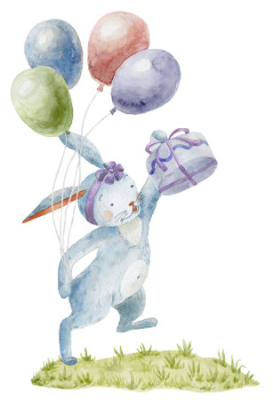 Watercolor Illustration of Cute Bunnie with Cake.の写真素材