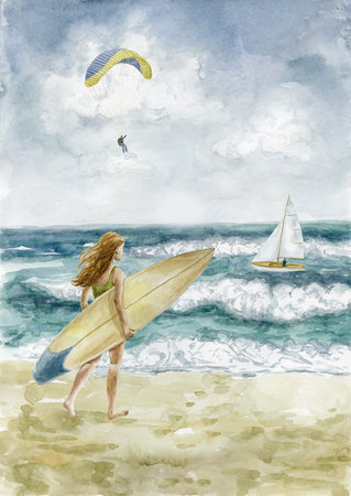Watercolor Illustration with Girl and Surfboard.の写真素材