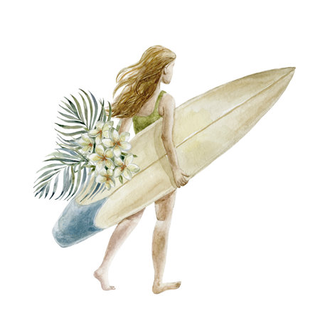 Watercolor Illustration with Girl and Surfboard.の写真素材