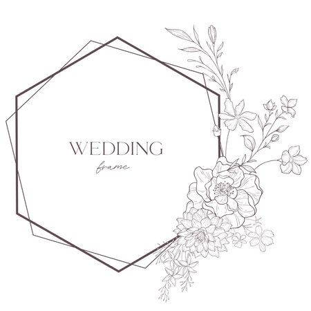 Line Art Wedding Frame Illustration. Floral Border.のイラスト素材