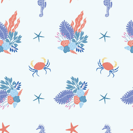 Vector Seamless Pattern with Crab and Seaweeds.のイラスト素材