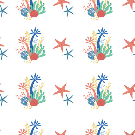 Vector Seamless Pattern with Starfish and Seaweeds.のイラスト素材