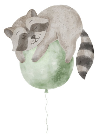 Cute Sleeping Raccoon. Watercolor Illustration. Nursery Art.の写真素材